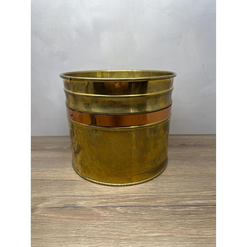 VTG Hammered Brass & Copper Band Large Cylinder Planter Pot 9x7.5 Inch